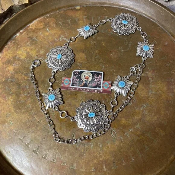 Spring Boho EASTER Gift Southwest Silver Chain belt adjustable 48” Turquoise - Picture 14 of 16